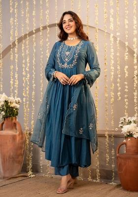 Blue Sequin Work Silk Kurta Set