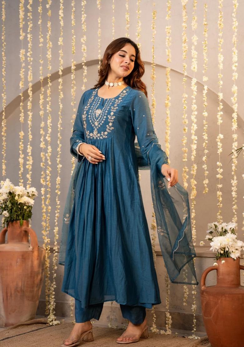 Blue Sequin Work Silk Kurta Set - Indya