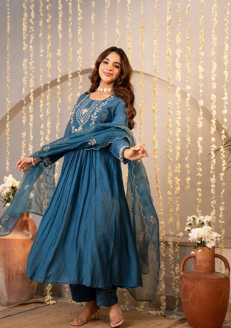 Blue Sequin Work Silk Kurta Set - Indya