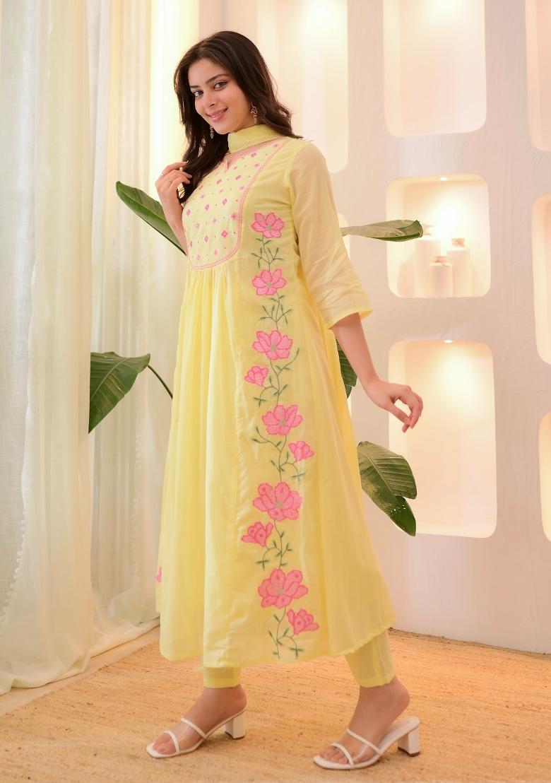 Yellow Sequin Work Silk Kurta Set - Indya