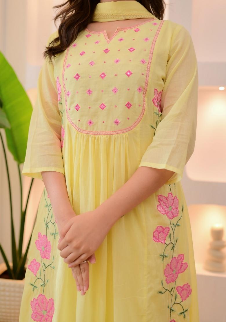Yellow Sequin Work Silk Kurta Set - Indya