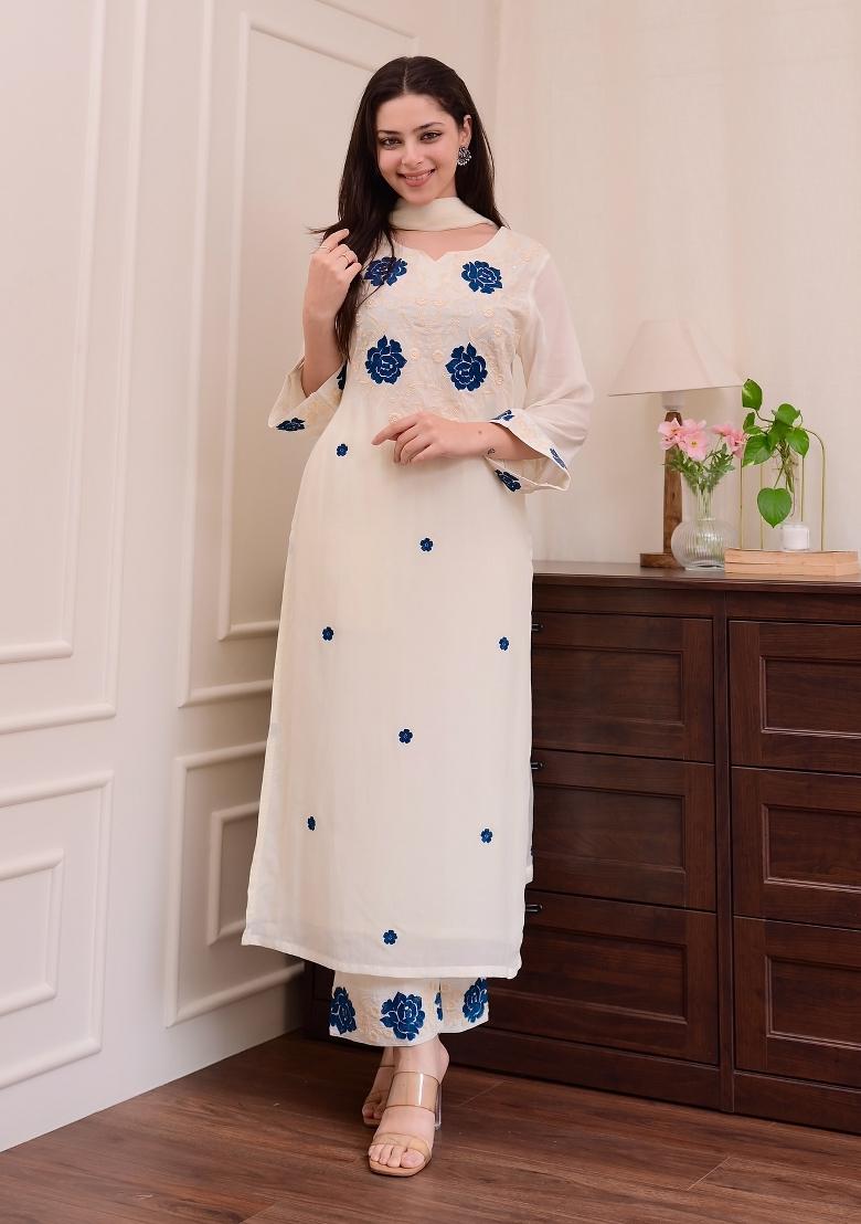 White Sequin Work Rayon Kurta Set - Indya