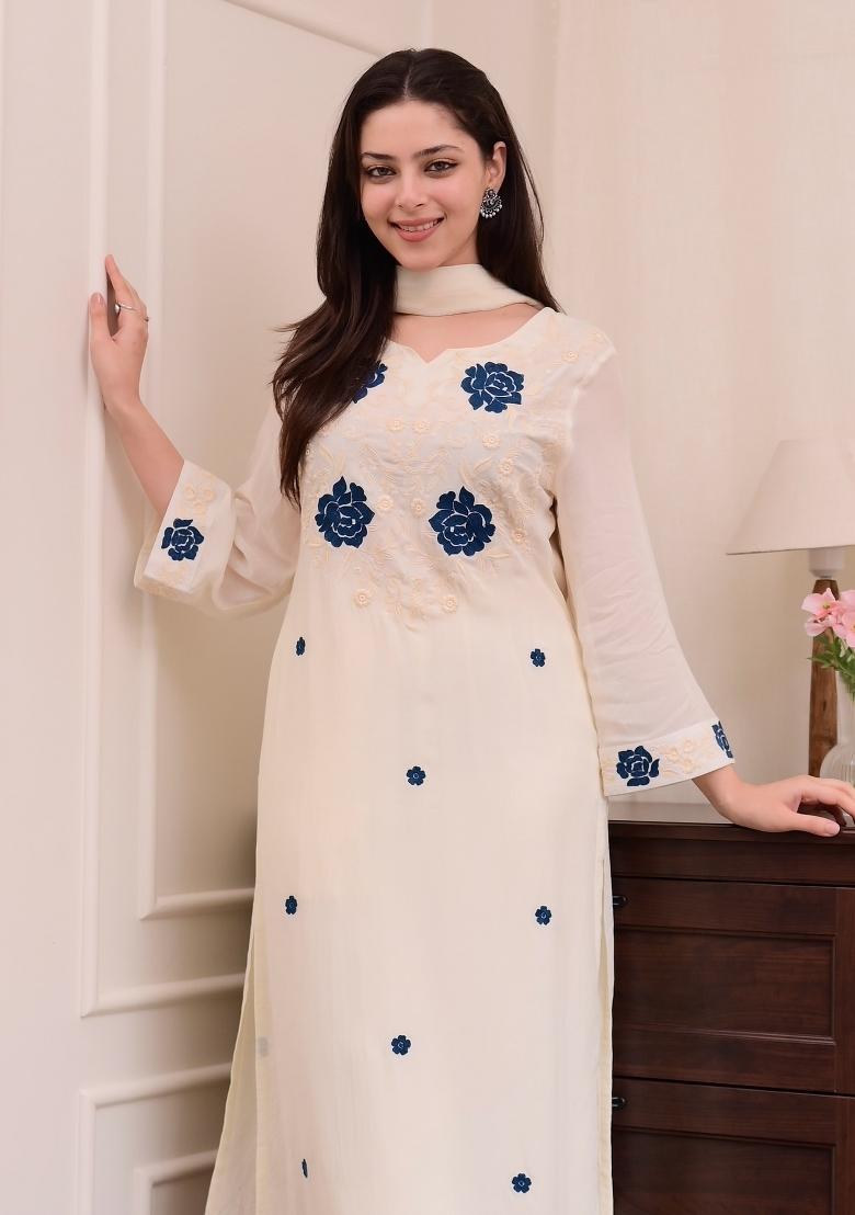 White Sequin Work Rayon Kurta Set - Indya