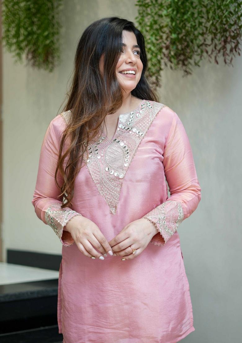 Pink Sequin Work Silk Kurta Set - Indya