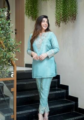 Aqua Blue Sequin Work Silk Kurta Set