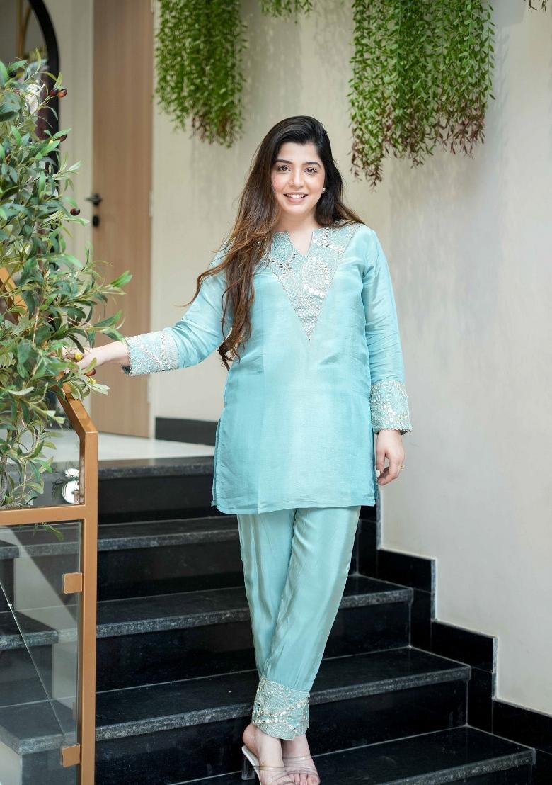 Aqua Blue Sequin Work Silk Kurta Set - Indya