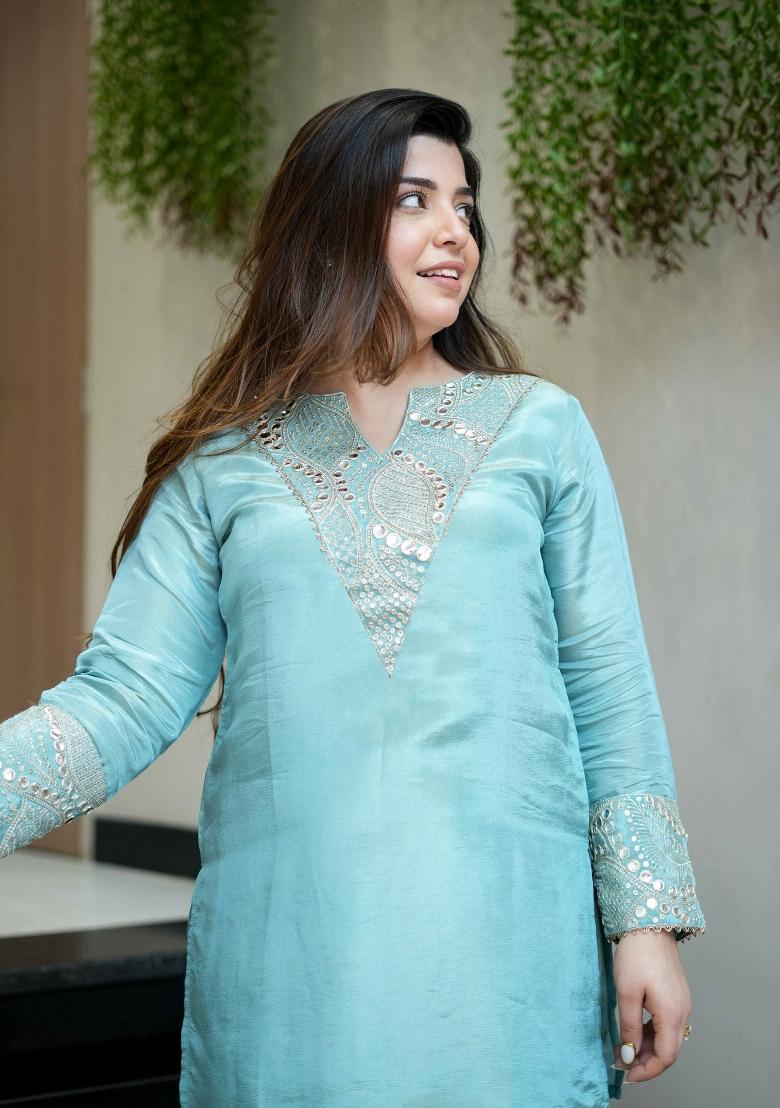 Aqua Blue Sequin Work Silk Kurta Set - Indya