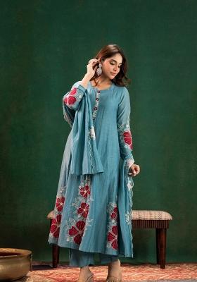 Turquoise Blue Sequin Work Silk Kurta Set