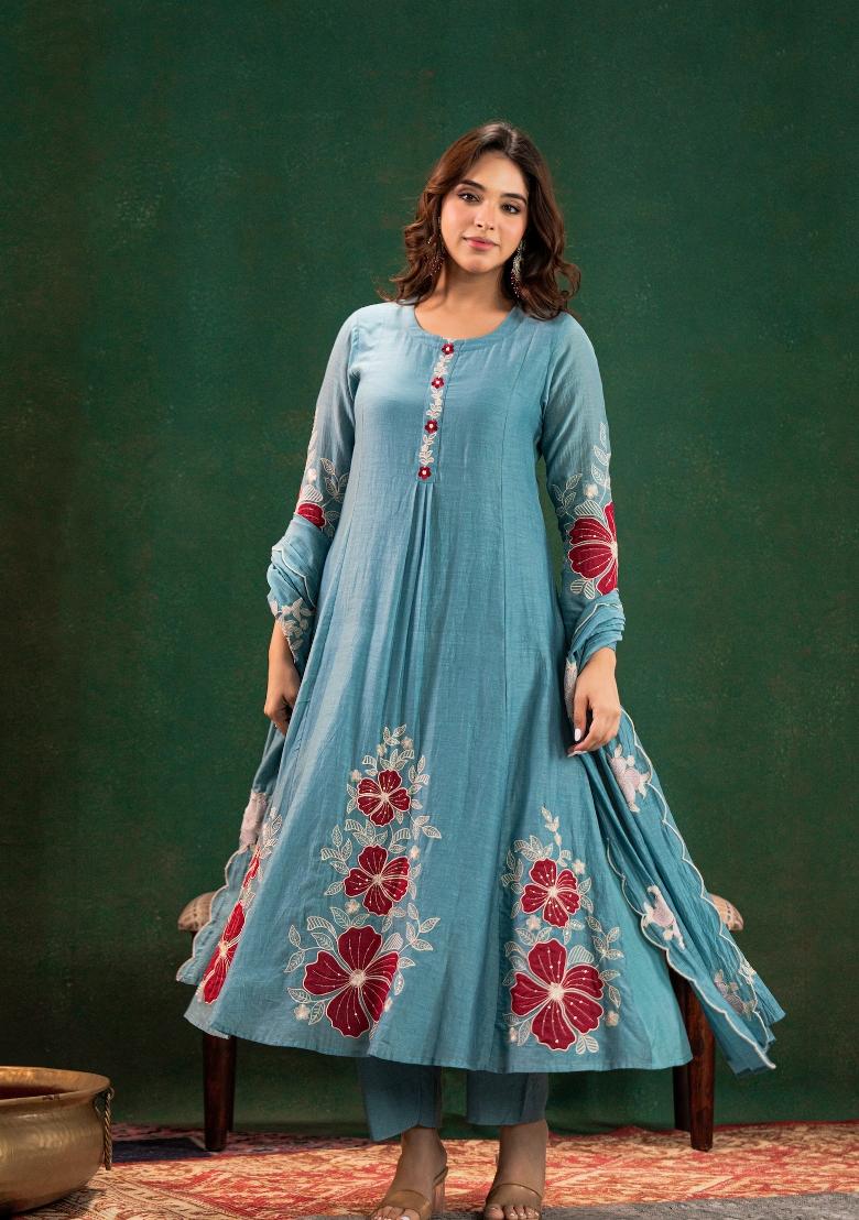 Turquoise Blue Sequin Work Silk Kurta Set - Indya