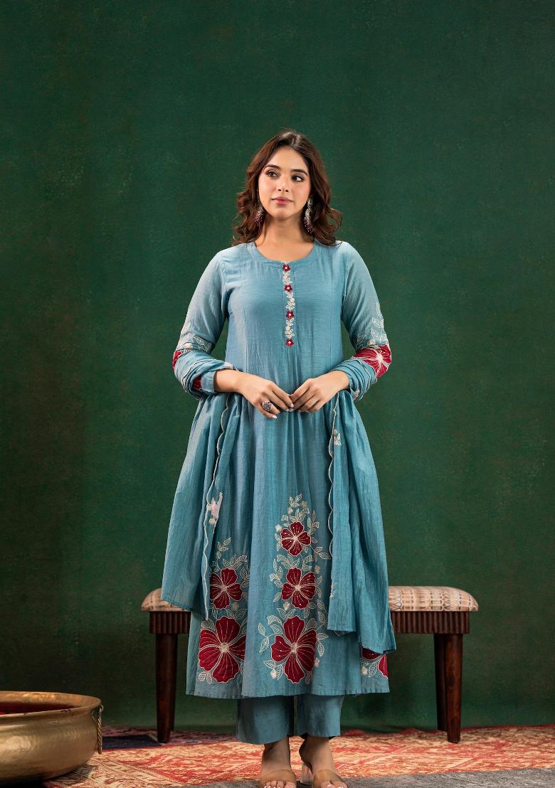 Turquoise Blue Sequin Work Silk Kurta Set - Indya
