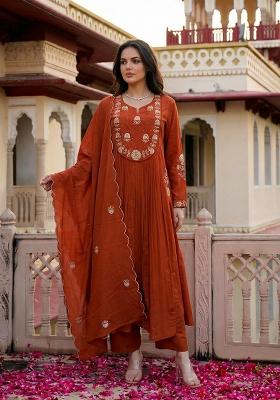 Orange Sequin Work Silk Kurta Set