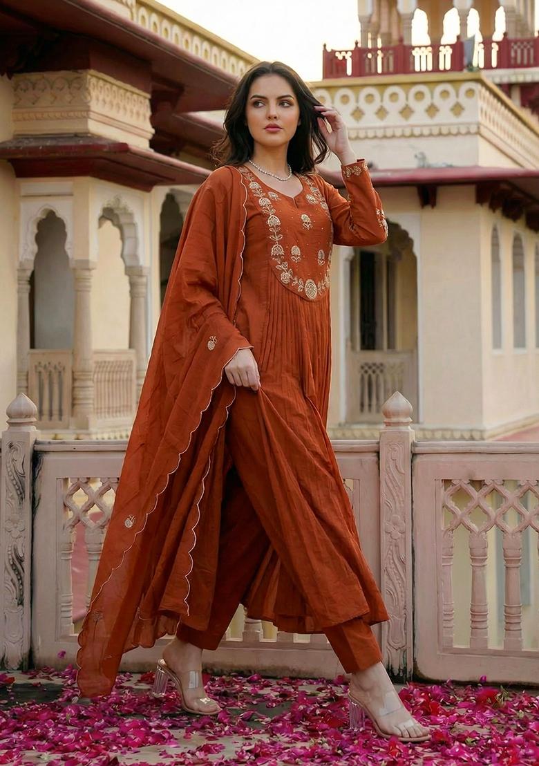 Orange Sequin Work Silk Kurta Set - Indya