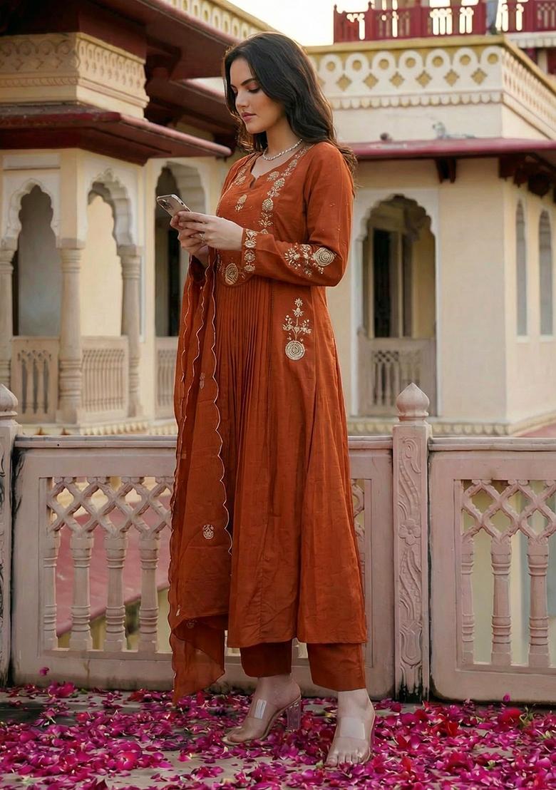 Orange Sequin Work Silk Kurta Set - Indya