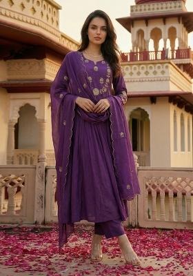 Purple Sequin Work Silk Kurta Set