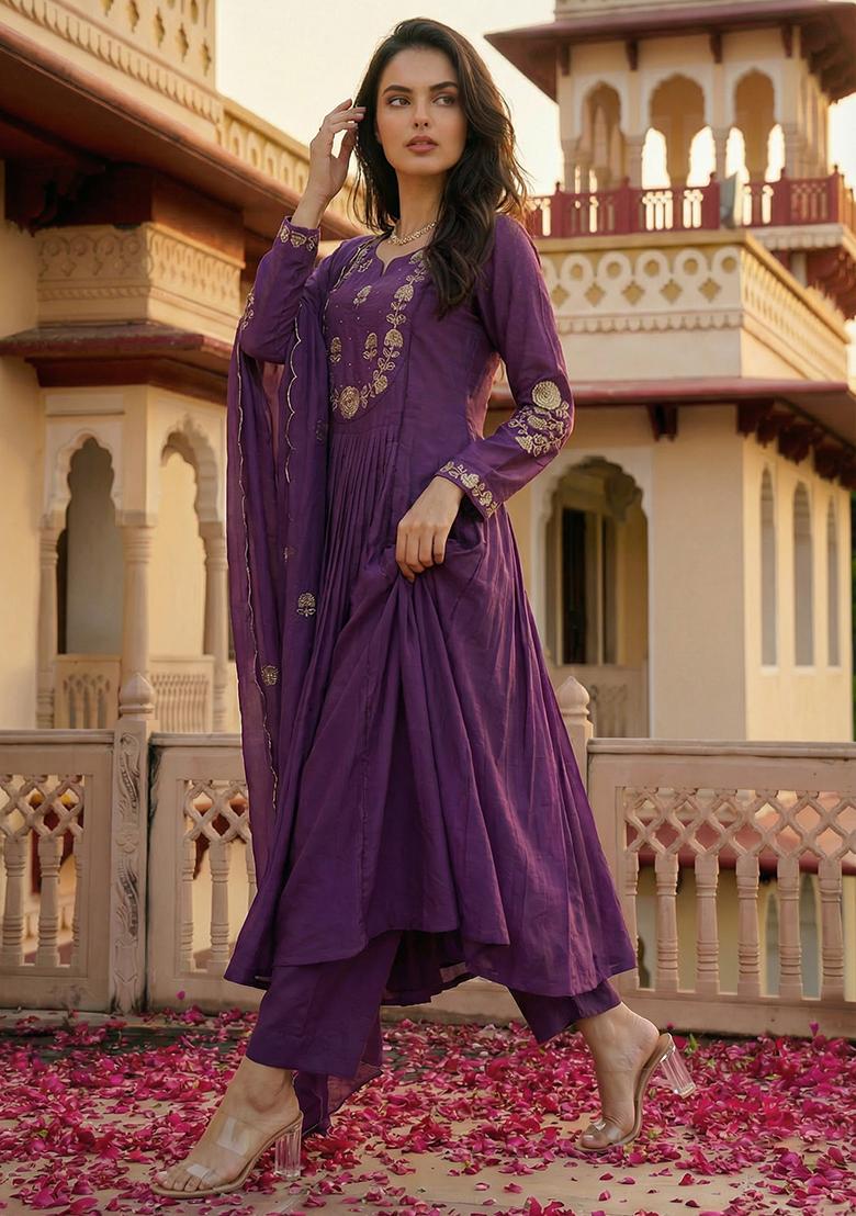 Purple Sequin Work Silk Kurta Set - Indya