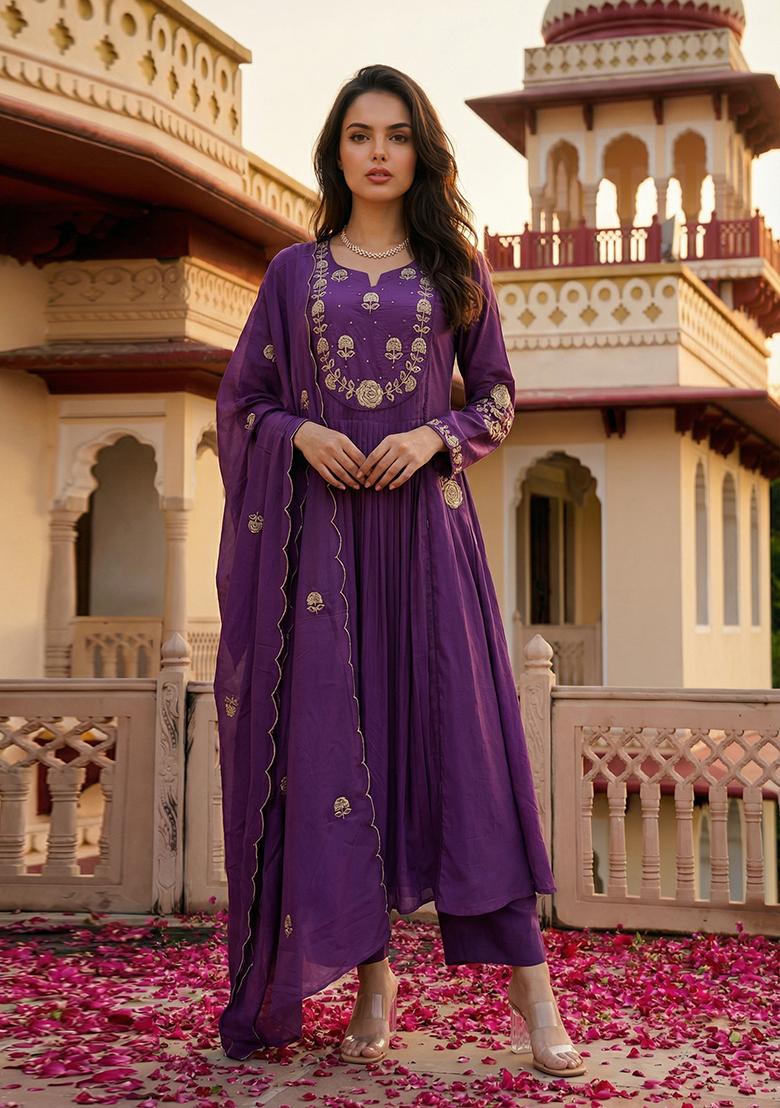 Purple Sequin Work Silk Kurta Set - Indya