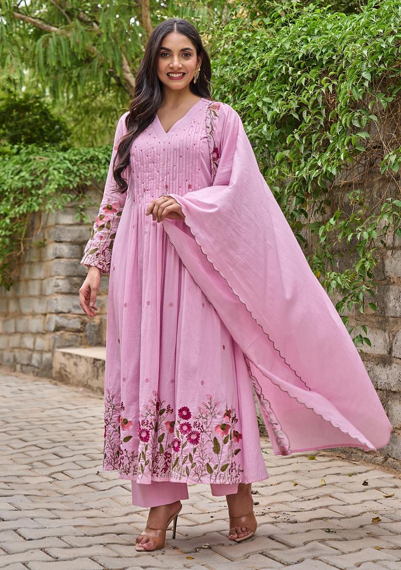 Pink Sequin Work Silk Kurta Set - Indya