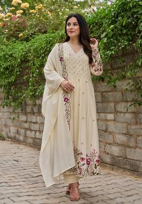 White Sequin Work Silk Kurta Set