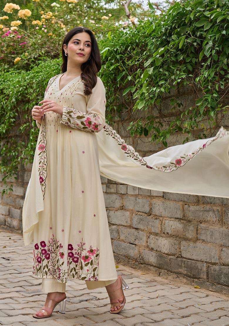White Sequin Work Silk Kurta Set - Indya