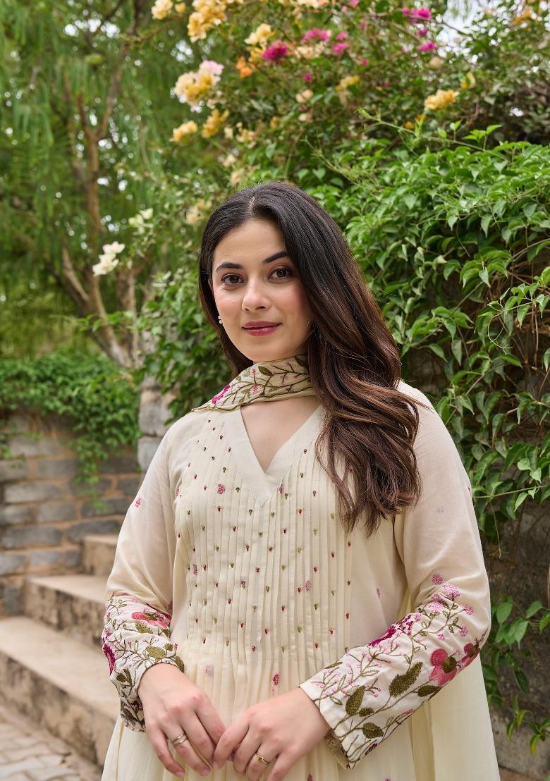White Sequin Work Silk Kurta Set - Indya