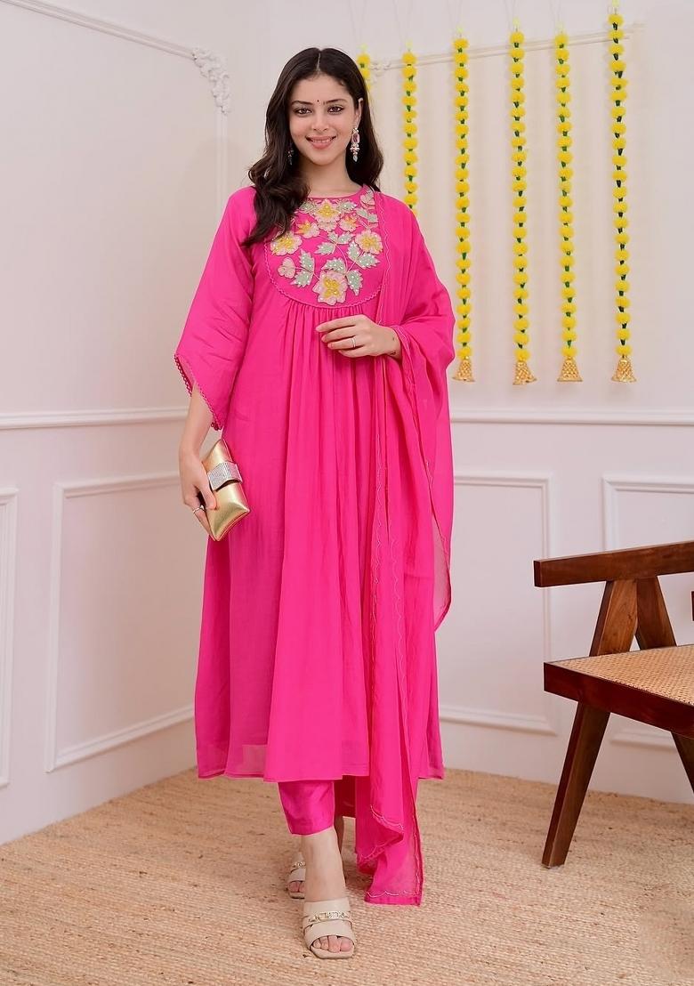 Pink Sequin Work Silk Kurta Set - Indya