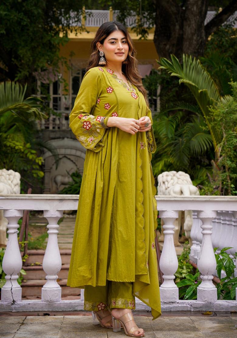 Mehendi Sequin Work Silk Kurta Set - Indya