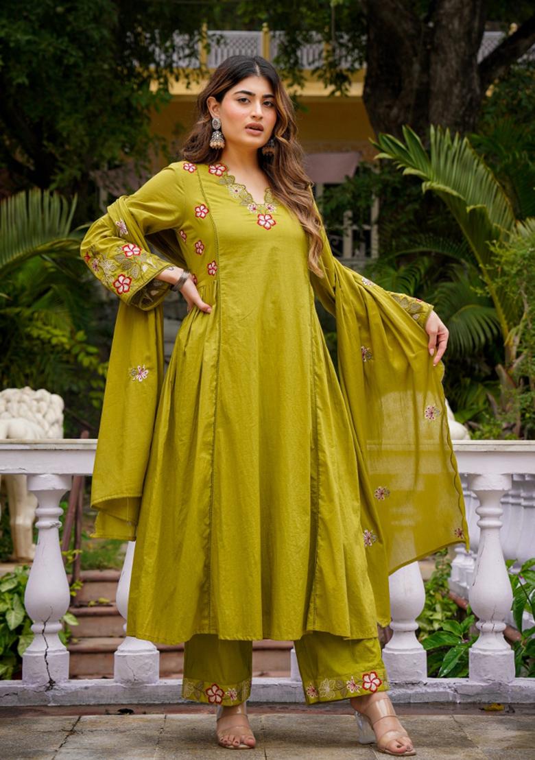 Mehendi Sequin Work Silk Kurta Set - Indya