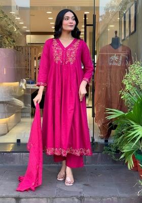 Dark Pink Sequin Work Silk Kurta Set