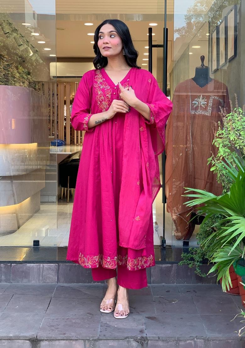 Dark Pink Sequin Work Silk Kurta Set - Indya