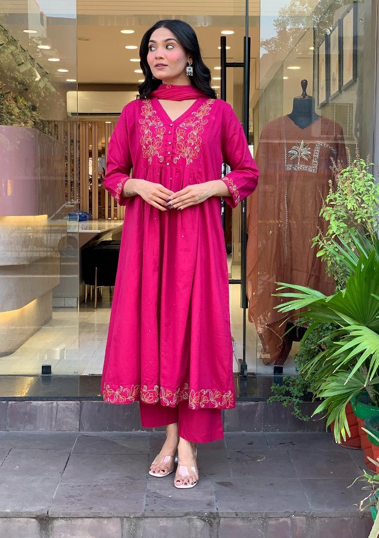 Dark Pink Sequin Work Silk Kurta Set - Indya