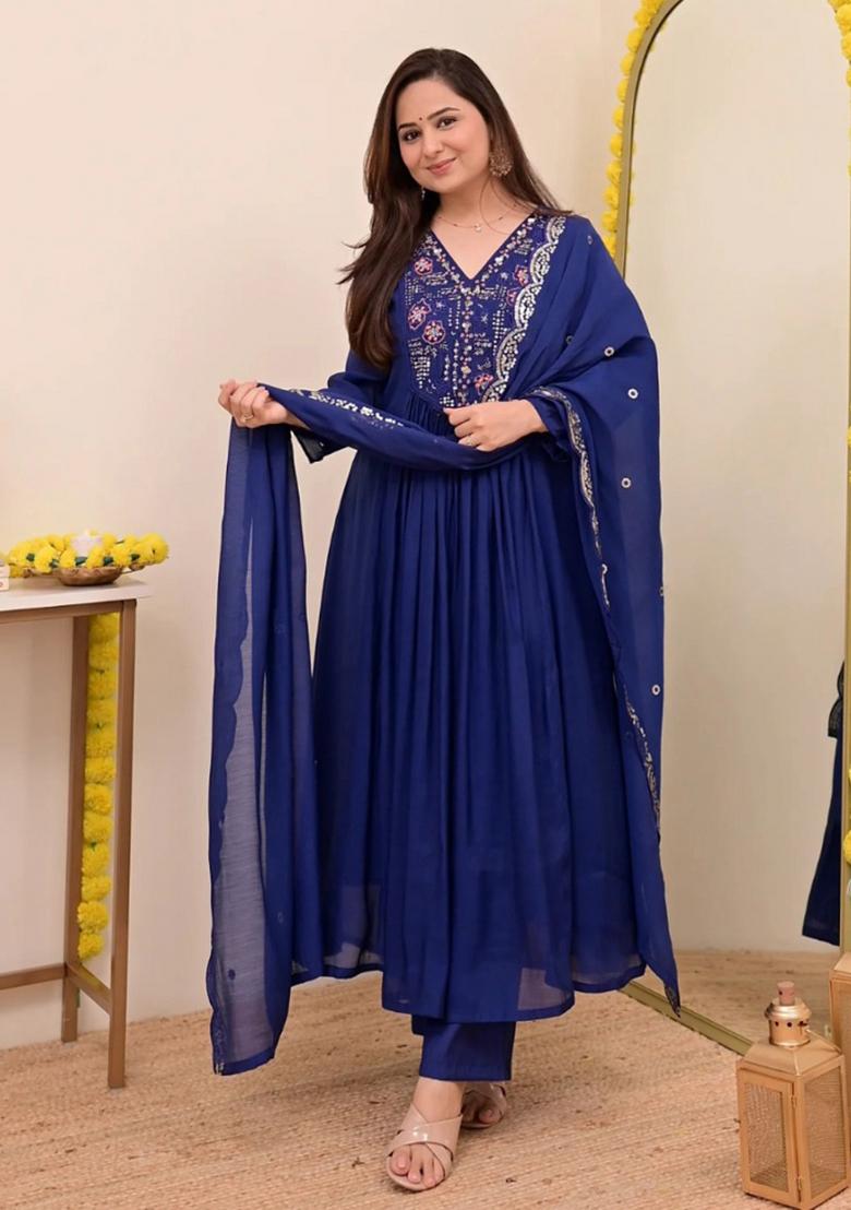 Navy Blue Sequin Work Silk Kurta Set - Indya