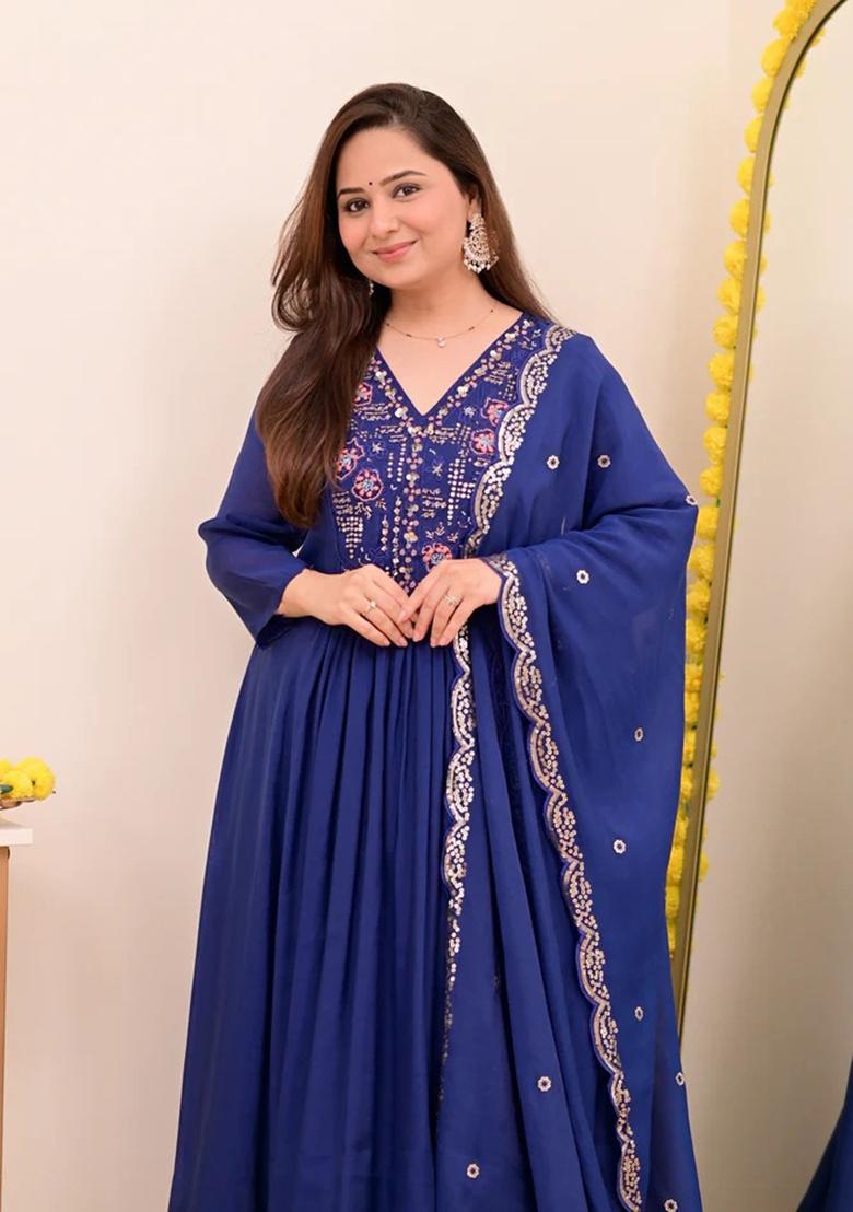 Navy Blue Sequin Work Silk Kurta Set - Indya