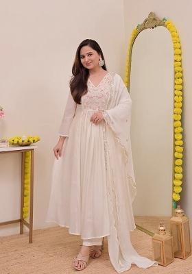 White Sequin Work Silk Kurta Set
