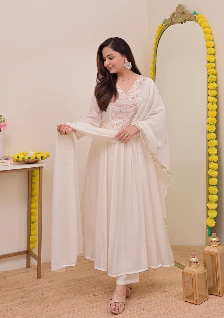 White Sequin Work Silk Kurta Set - Indya