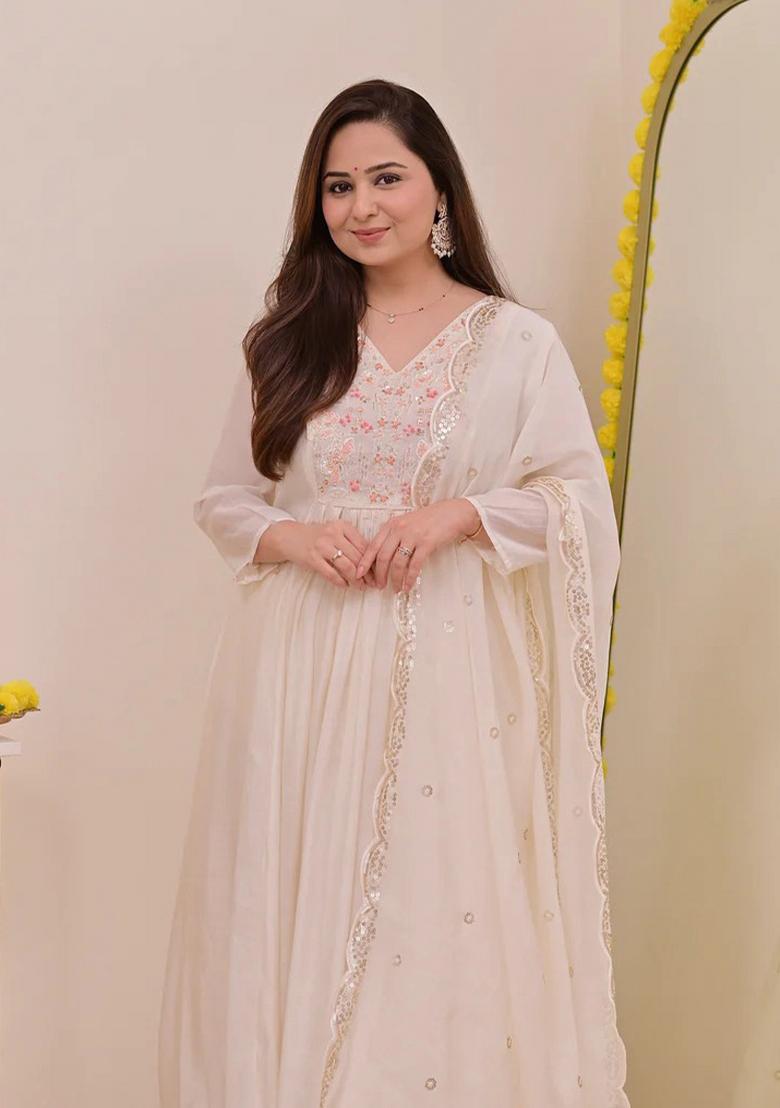 White Sequin Work Silk Kurta Set - Indya