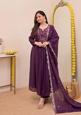 Purple Sequin Work Silk Kurta Set