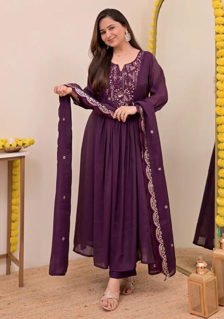 Purple Sequin Work Silk Kurta Set - Indya