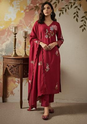 Red Sequin Work Silk Kurta Set