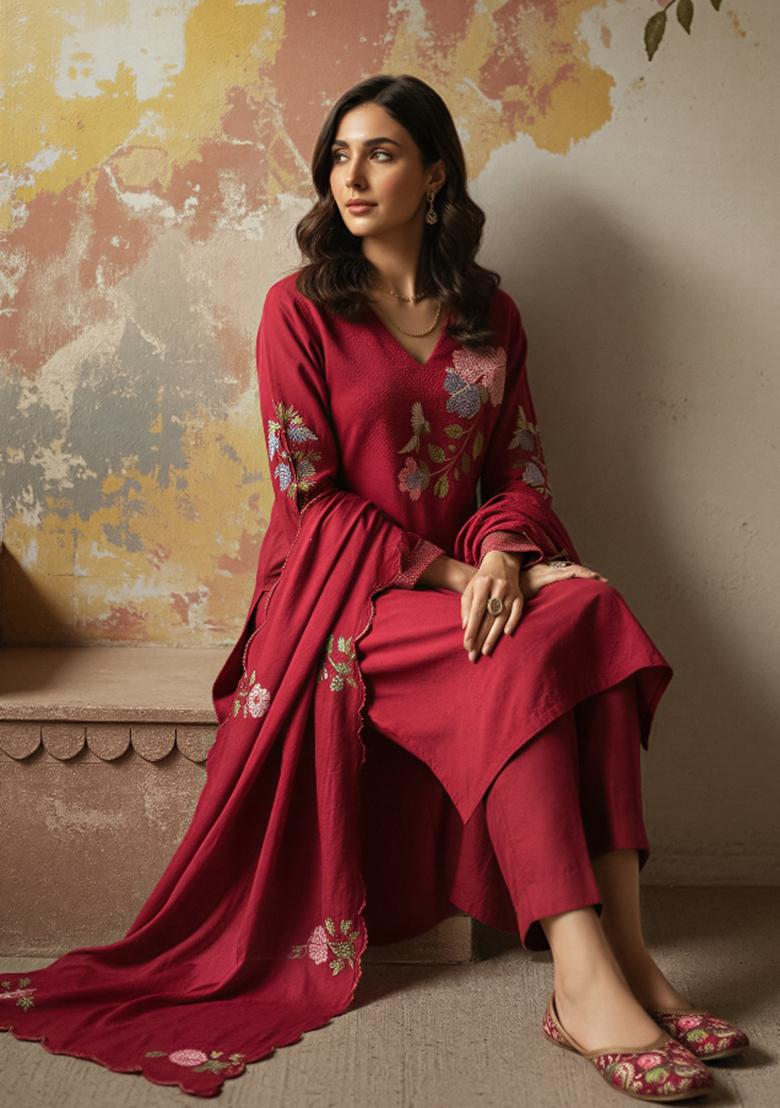 Red Sequin Work Silk Kurta Set - Indya