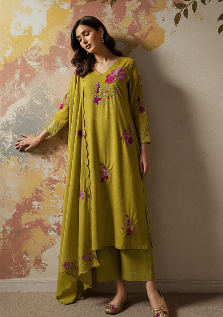 Mehendi Sequin Work Silk Kurta Set - Indya