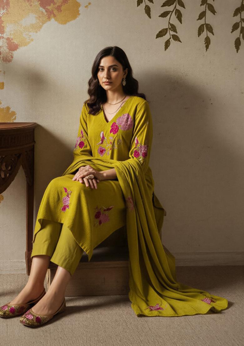 Mehendi Sequin Work Silk Kurta Set - Indya