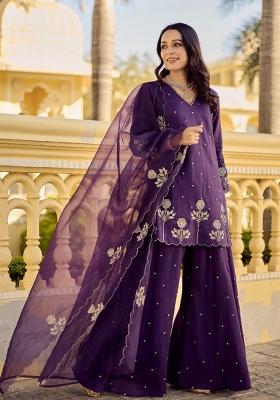 Purple Sequin Work Silk Kurta Set