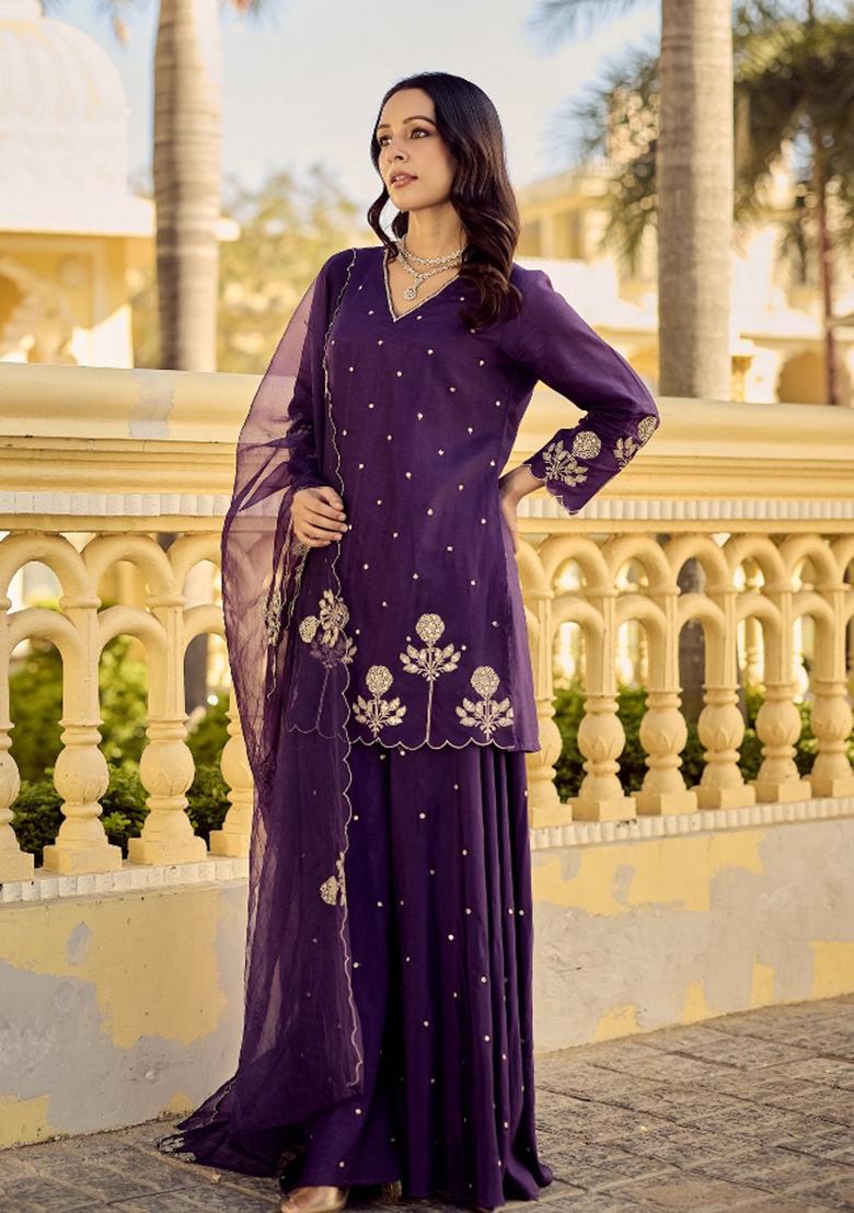 Purple Sequin Work Silk Kurta Set - Indya