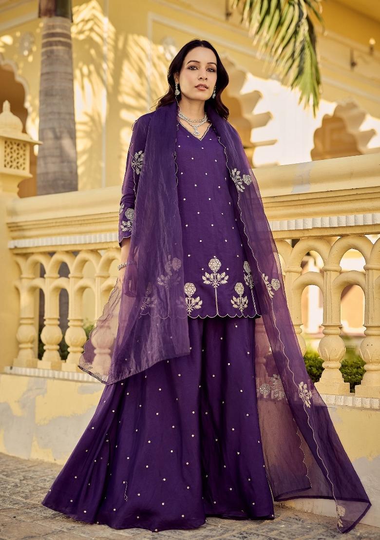 Purple Sequin Work Silk Kurta Set - Indya