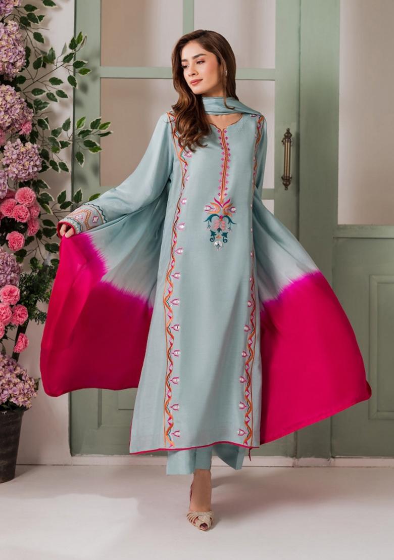 Olive Sequin Work Crepe Kurta Set - Indya