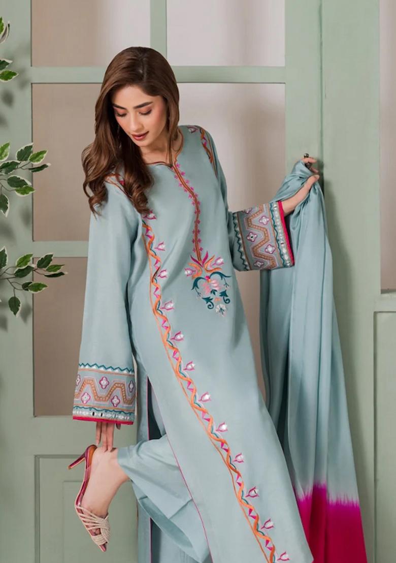 Olive Sequin Work Crepe Kurta Set - Indya