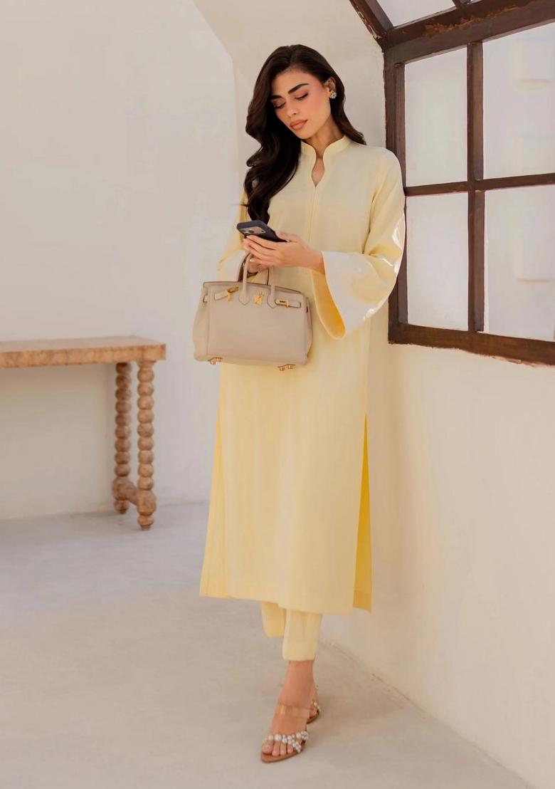 Yellow Sequin Work Silk Kurta Set - Indya