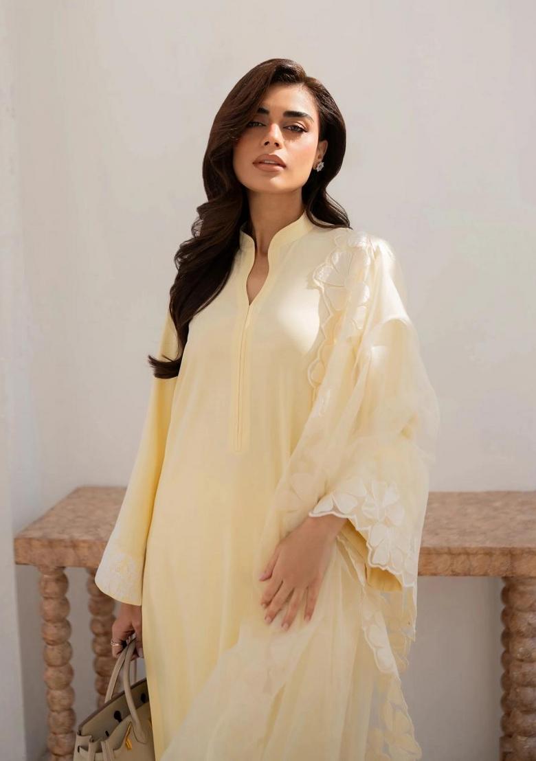 Yellow Sequin Work Silk Kurta Set - Indya