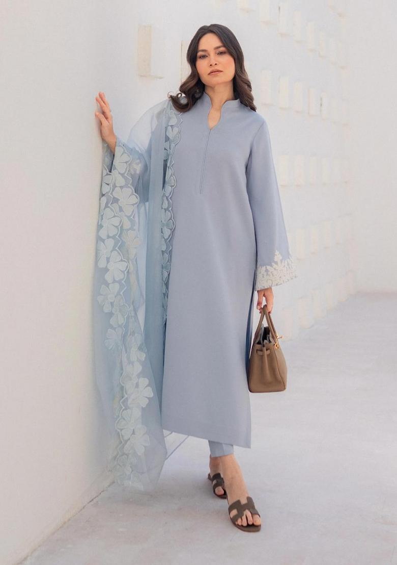 Aqua Blue Sequin Work Silk Kurta Set - Indya