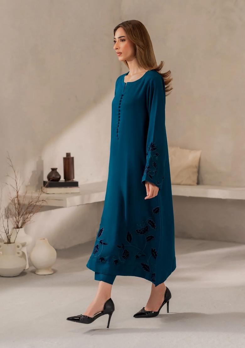 Teal Sequin Work Silk Kurta Set - Indya